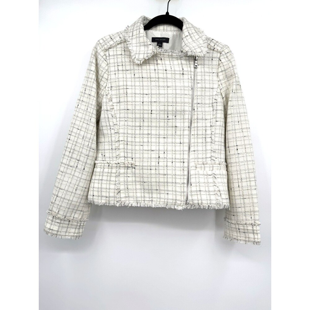 Ann Taylor Tweed Plaid Moto Jacket Sz 6 Cream Black Gold Stylish Office Career - Picture 2 of 6